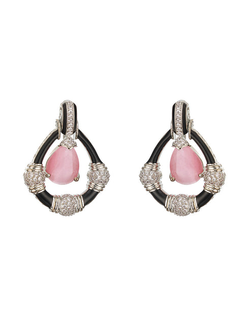 Black Enamelled Pink AD Minimal Tear Shaped Designer Earrings