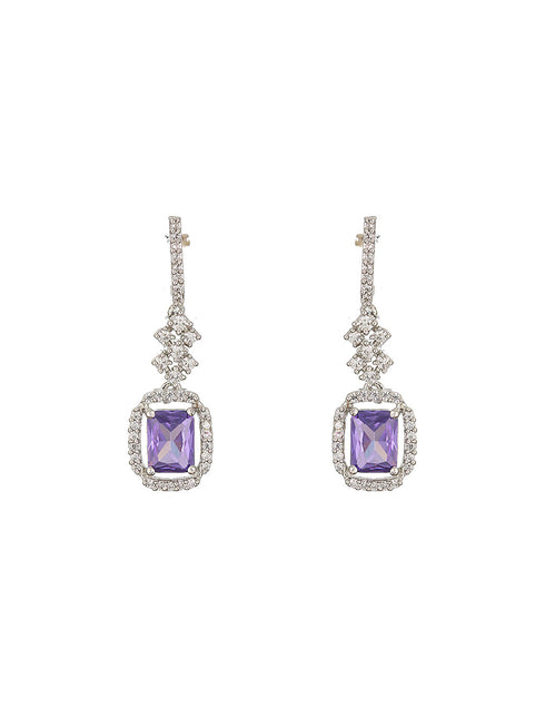 Silver Plated Lavender AD studded Minimal Officewear Drop Earrings