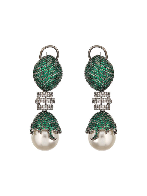Green AD & Pearl Beaded Designer Luxe Drop Earrings