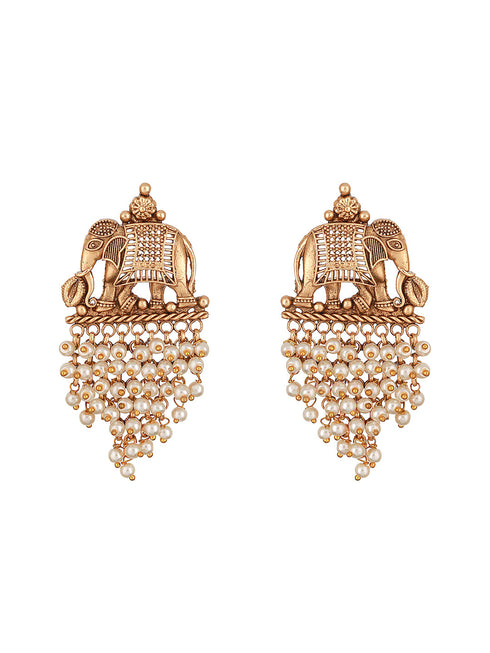 Gold Plated Pearl Beaded Temple Eleplant Motif Designer Earrings
