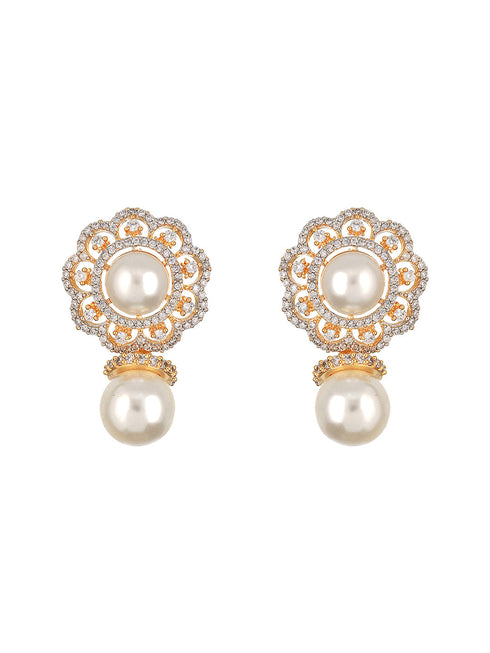 Gold Toned Ad & Pearl Beaded Floral Designer Studds Earrings