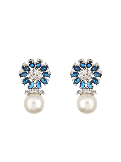 Silver Plated Blue AD & Pearl Beaded Floral Earrings