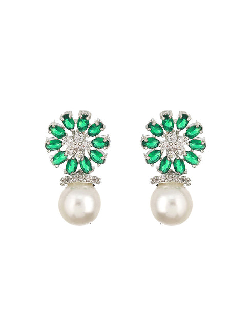 Silver Plated Green AD & Pearl Beaded Floral Earrings