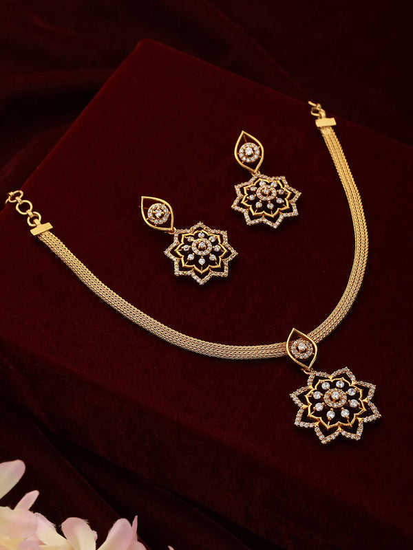 Gold Plated CZ Studded Floral Locket Jewellery Set