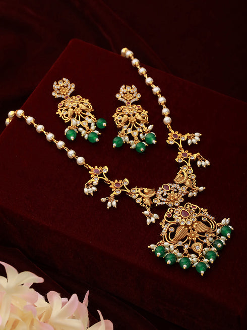 Gold Plated Pearl Mala Haram Floral Necklace Jewellery Set