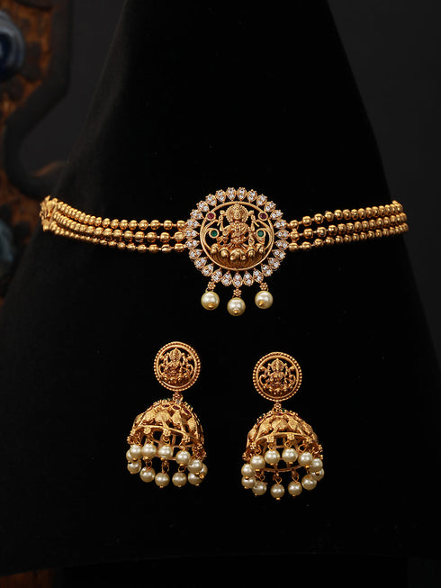 Gold Plated Zircon Studded Goddess Figure Choker Jewellery Set