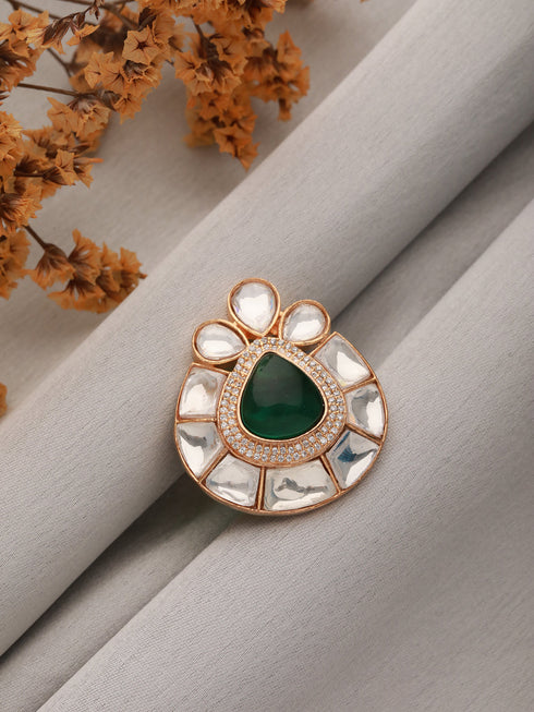 Gold Polish Green Polki Kundan Designer Adjustable Engagement Finger Ring