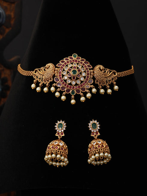 Gold Plated CZ Studded Floral Peacock Choker Jewellery Set