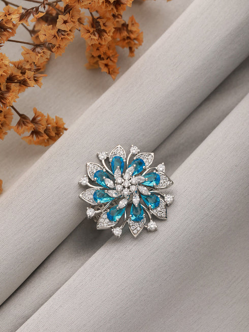 Silver Plated Aqua Blue AD Designer Adjustable Engagement Finger Ring