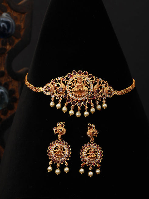 Gold Plated Kempo Studded Goddedd Lakshmi Temple Choker Jewellery Set
