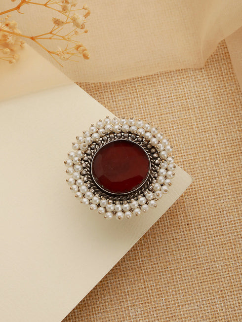 Silver Plated Oxidised Red Ruby Pearl Beaded Adjustable Finger Ring