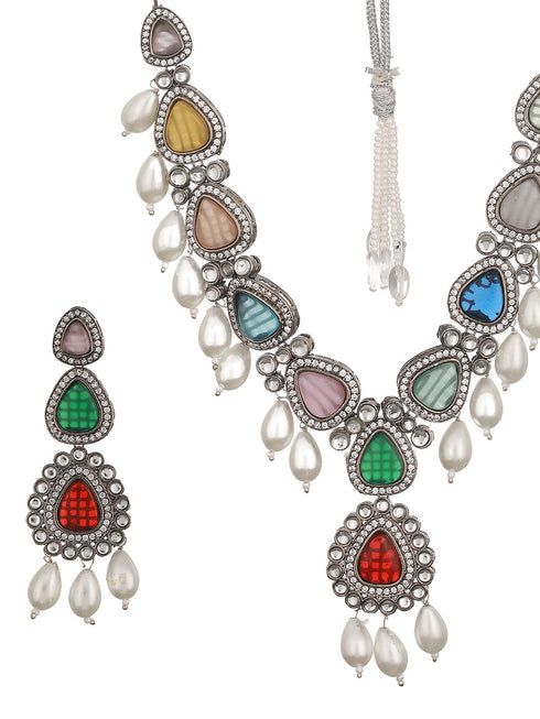Silver Toned Multicolored Kundan & Pearl Beaded Designer Jewellery Set