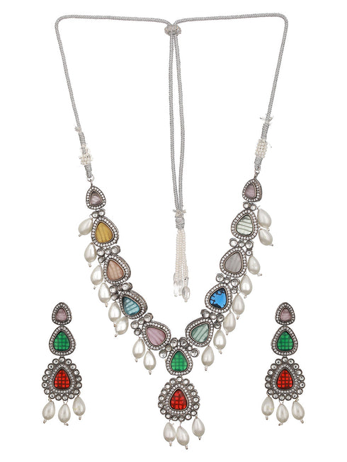Silver Toned Multicolored Kundan & Pearl Beaded Designer Jewellery Set