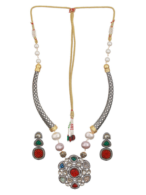 Silver Toned Multicoloured Kundan Designer Hasli Pendant Jewellery Set