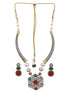 Silver Toned Multicoloured Kundan Designer Hasli Pendant Jewellery Set