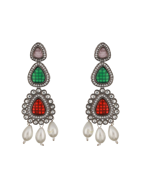 Silver Toned Multicolored Kundan & Pearl Beaded Designer Jewellery Set