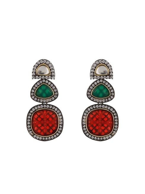 Silver Toned Multicoloured Kundan Designer Hasli Pendant Jewellery Set