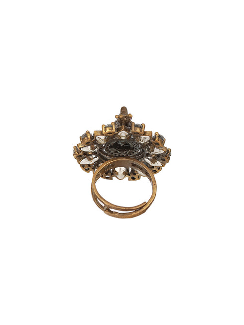 Black Gold Plated AD Kundan Peacock Finger Ring