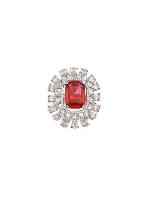 Silver Plated Red CZ Studded Designer Adjustable Cocktail Finger Ring