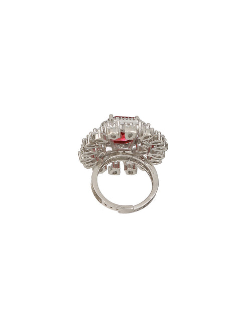 Silver Plated Red CZ Studded Designer Adjustable Cocktail Finger Ring