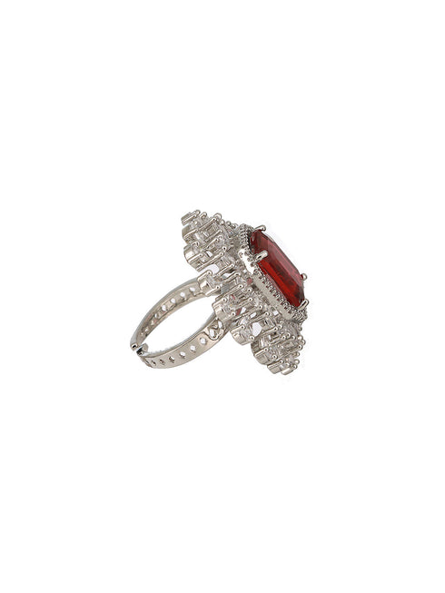 Silver Plated Red CZ Studded Designer Adjustable Cocktail Finger Ring