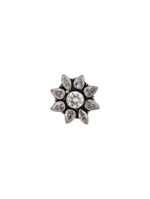 Silver Oxidised White Stones Studded Adjustable Finger Ring