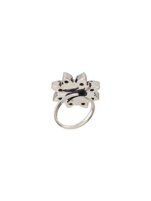 Silver Oxidised White Stones Studded Adjustable Finger Ring