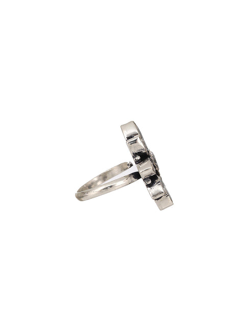 Silver Oxidised White Stones Studded Adjustable Finger Ring