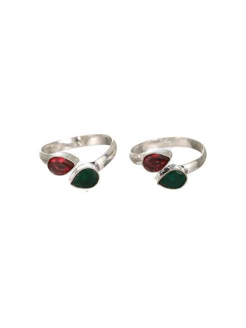 Set of 2 Silver Toned Red & Green Stone Studded Adjustable Toe Ring
