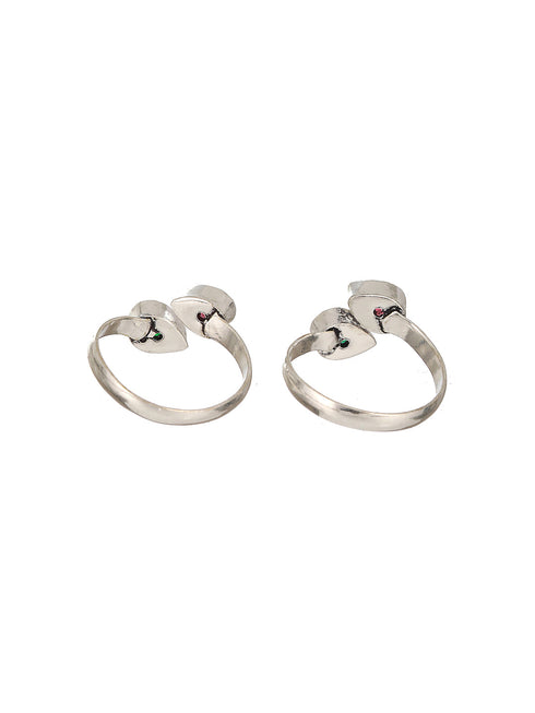 Set of 2 Silver Toned Red & Green Stone Studded Adjustable Toe Ring