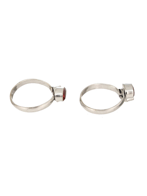 Set of 2 Silver Toned Red & Green Stone Studded Adjustable Toe Ring
