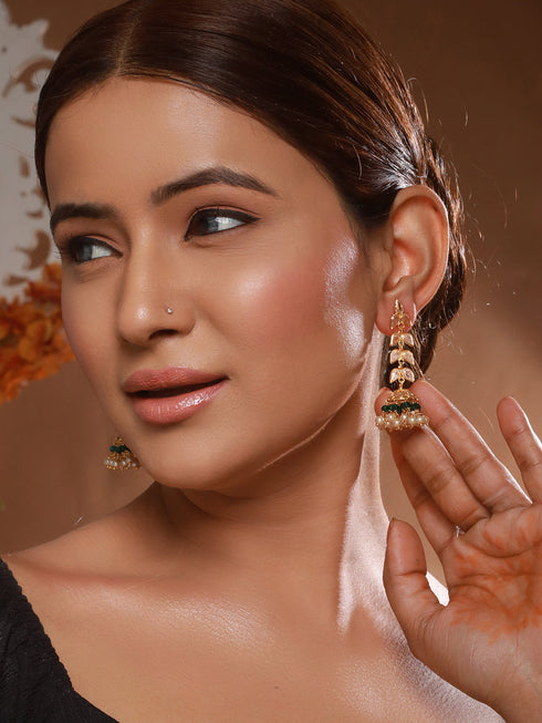 24K Gold Plated Zircon Studded Pearl Beaded Dropdown Minimal lightweight Jhumka Earrings