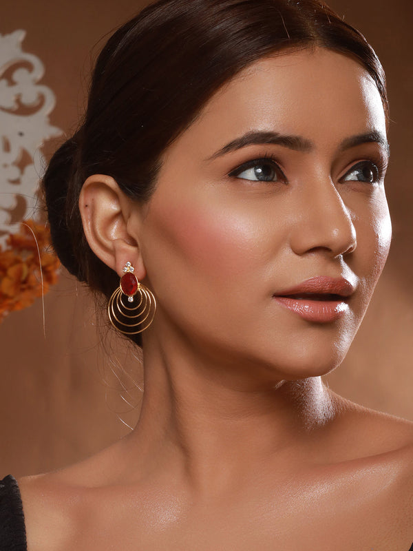 24K Gold Plated Red Ruby Circular Minimal Chunky Chandbali Luxe Studds Earrings
