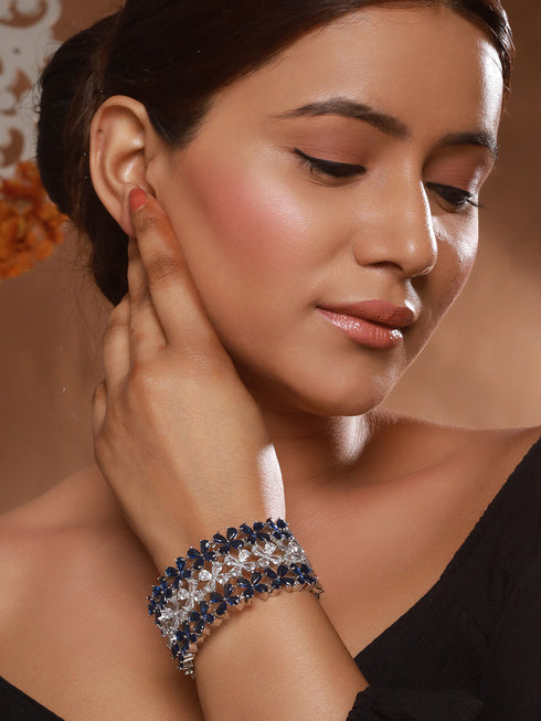Silver Toned Blue Sapphire AD Studded Designer Bridal Kada Bracelet