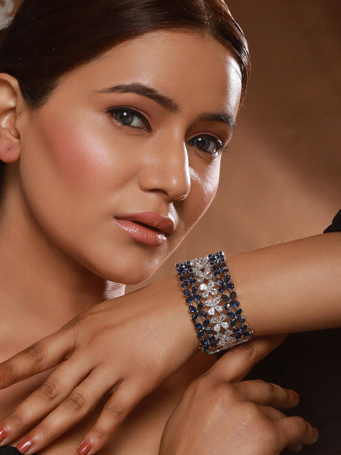 Silver Toned Blue Sapphire AD Studded Designer Bridal Kada Bracelet
