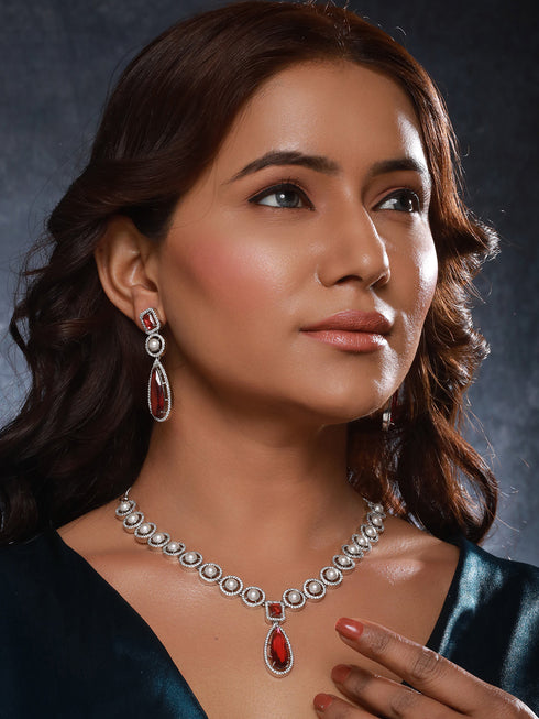 Silver Rhodium Red Zircon Pearl Beaded Designer Necklace Jewellery Set