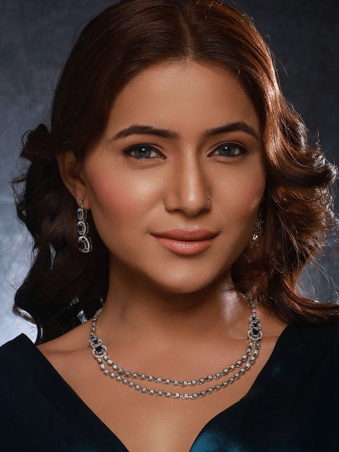 Silver Plated Blue Zircon Studded Double Lined Bridal Designer Jewellery set
