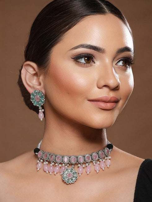 Oxidised Green Stone Studded & Pink Pearl beaded Pendant Jewellery Set