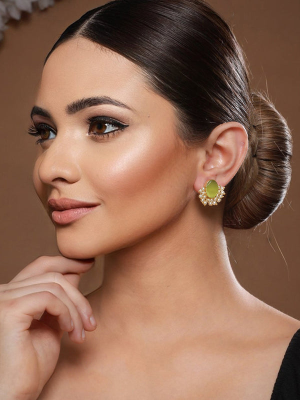 Gold Plated Green Stone & Pearl Beaded Earrings