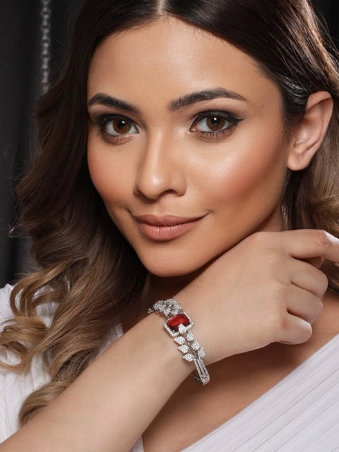 Silver Toned Red AD Studded Statement Handcrafted Bracelet