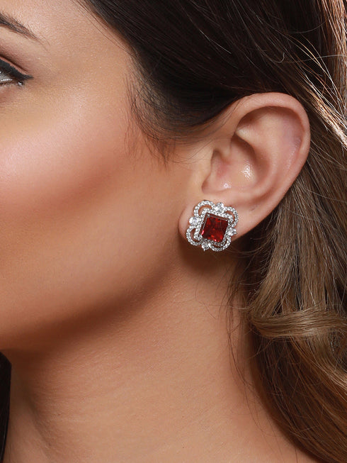 Silver Plated Red AD Studded Minimal Studs Earrings