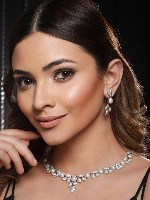 Silver Plated C Z Studded Pearl Floral Statement Jewellery Set