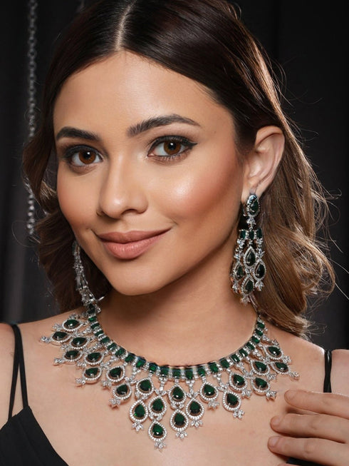 White Rhodium Silver Plated Green CZ Stone Studded jewellery Set