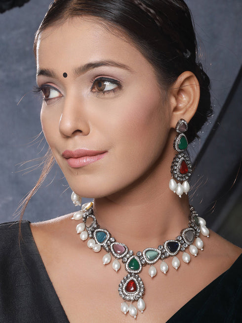 Silver Toned Multicolored Kundan & Pearl Beaded Designer Jewellery Set