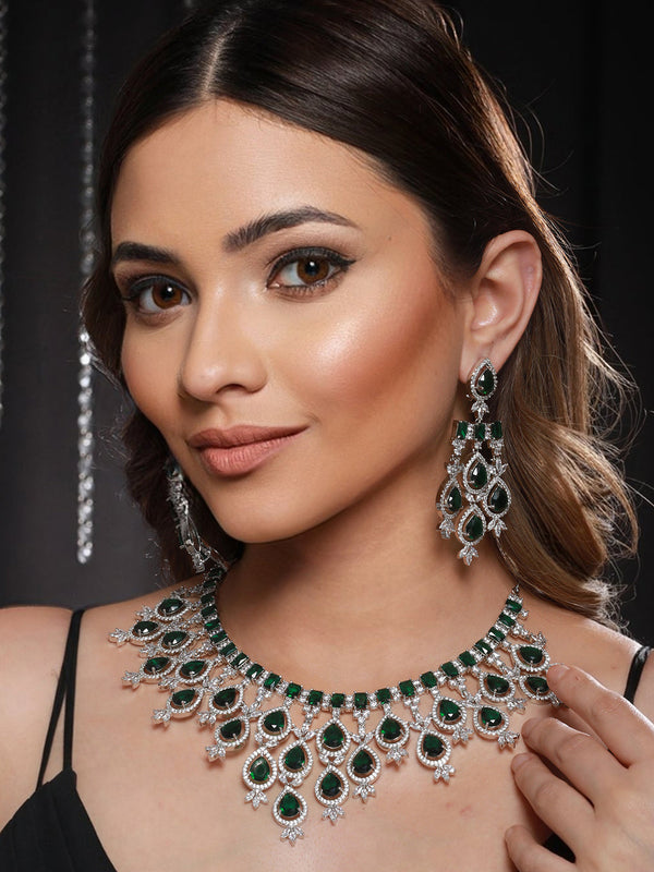 White Rhodium Silver Plated Green CZ Stone Studded jewellery Set