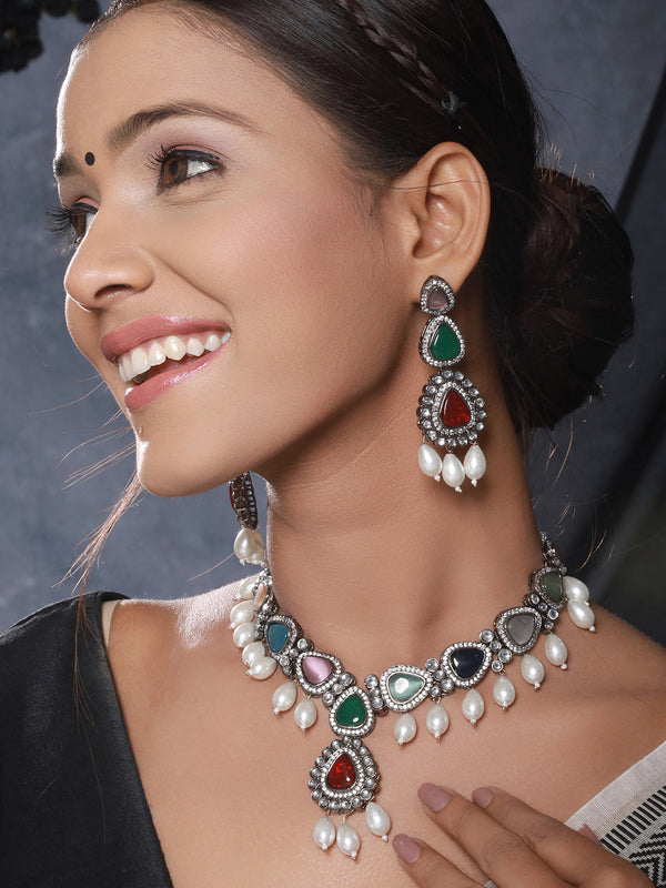 Silver Toned Multicolored Kundan & Pearl Beaded Designer Jewellery Set