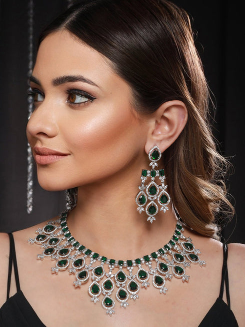White Rhodium Silver Plated Green CZ Stone Studded jewellery Set
