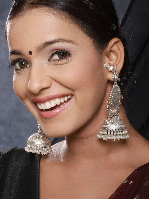 Silver Oxidised Kundan Studded Pearl Beaded Fusion Statement Light Weight Large Jhumka Earring