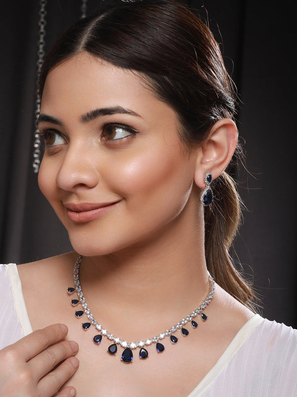 Silver Plated Blue CZ Studded Minimal Luxe Jewellery Set