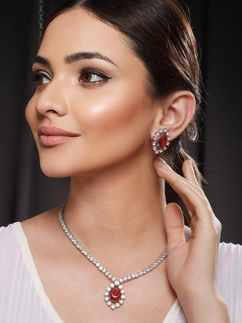 Silver Plated Red CZ Studded Minimal Delicate Jewellery Set